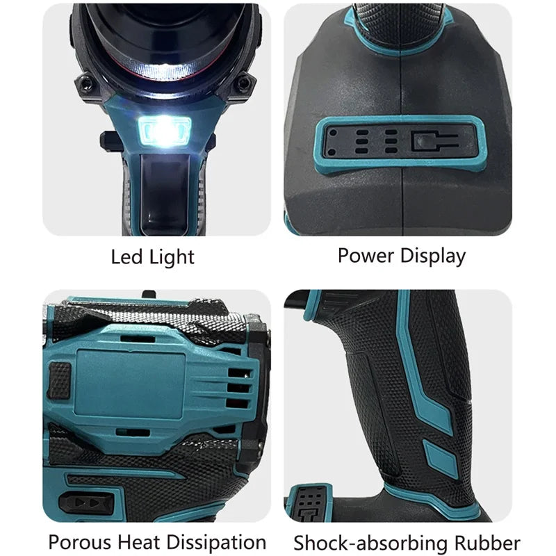 10mm 100N.m Brushless Electric Impact Drill 2 Variable Speed Cordless Screwdriver Drilling Power Tool for Makita 18V Battery