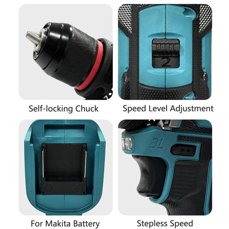 10mm 100N.m Brushless Electric Impact Drill 2 Variable Speed Cordless Screwdriver Drilling Power Tool for Makita 18V Battery